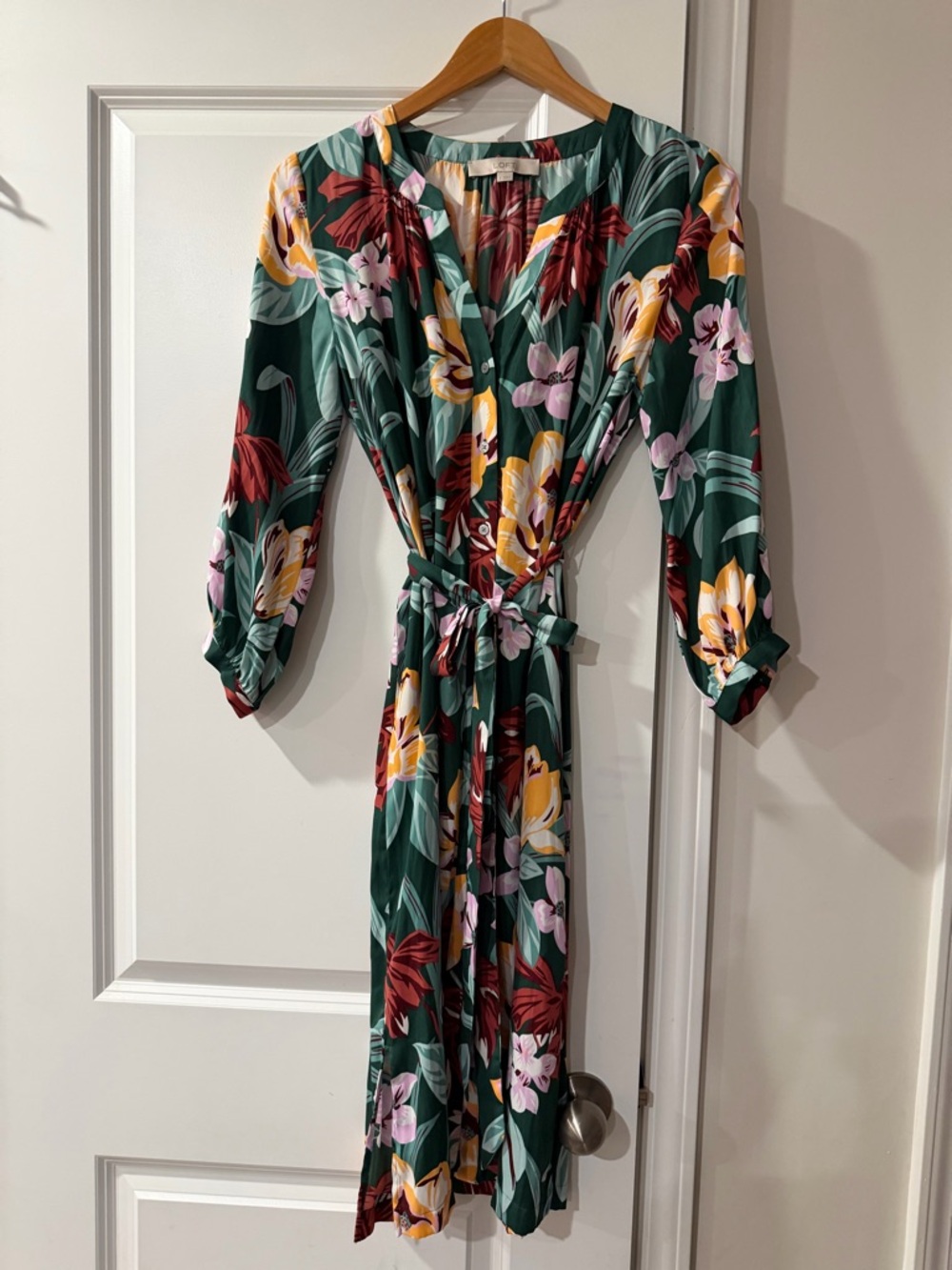 Floral Tie-Waist Green Midi Dress Loft